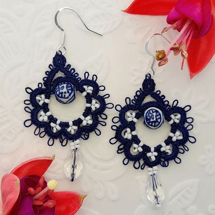 Blue and White Hand Made Tatted Lace Earrings